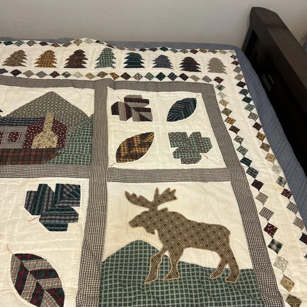 Patch Magic North Woods Cabin Moose Applique Patchwork Quilt Throw 47x55